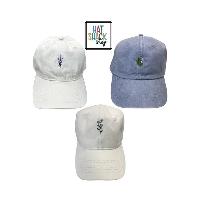 Minimalist Flower Pigment Dyed Baseball Hat, Wildflower Hat, Birth Month Flower Hat, Embroidered Hat, Lily of the Valley, Lavendar, Marigold