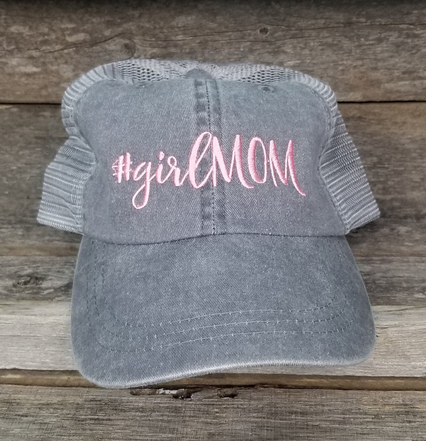 Girl Mom Trucker Hat, Pink and Gray, Mom of girls, embroidered