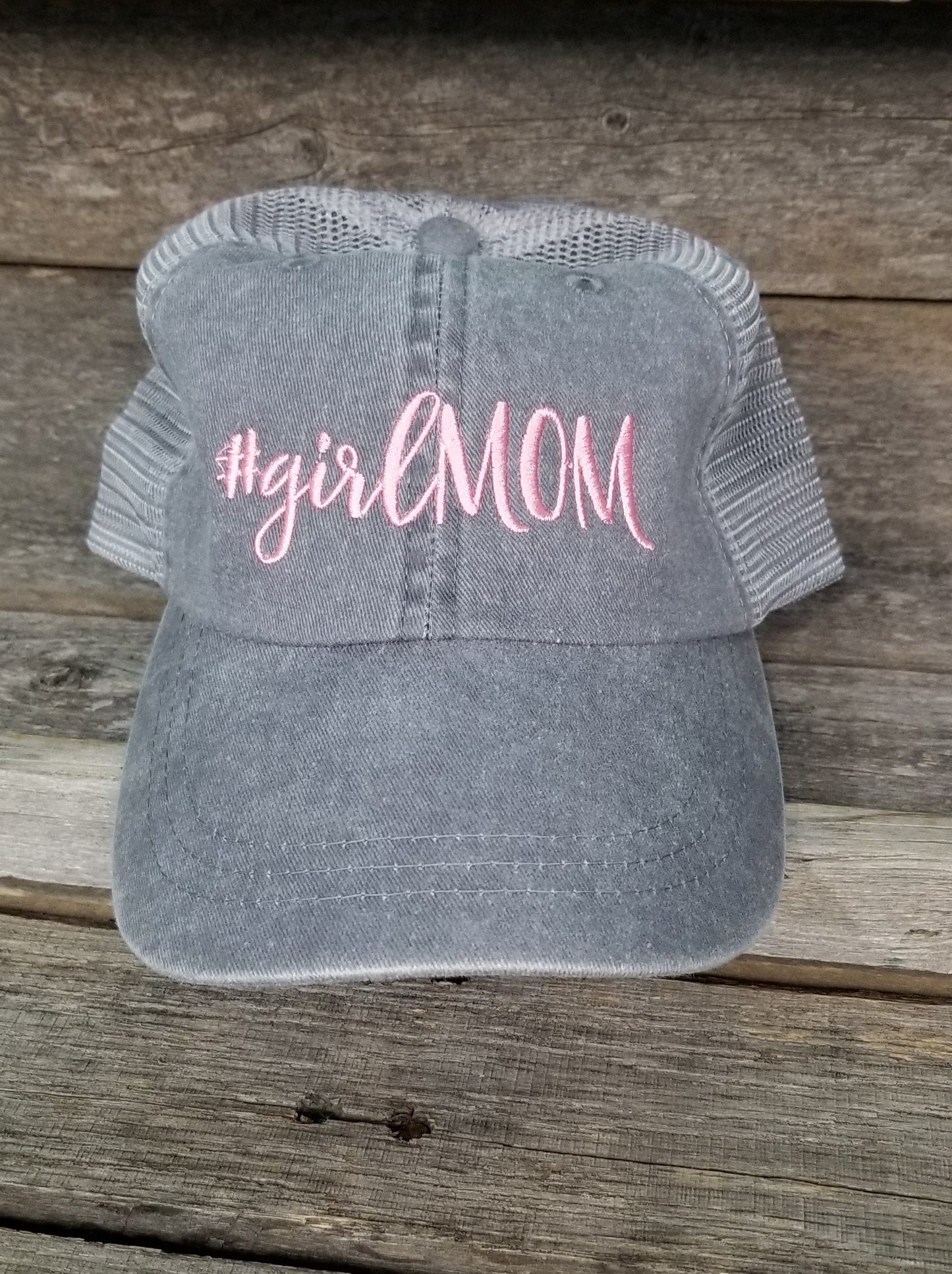 Girl Mom Trucker Hat, Pink and Gray, Mom of girls, embroidered