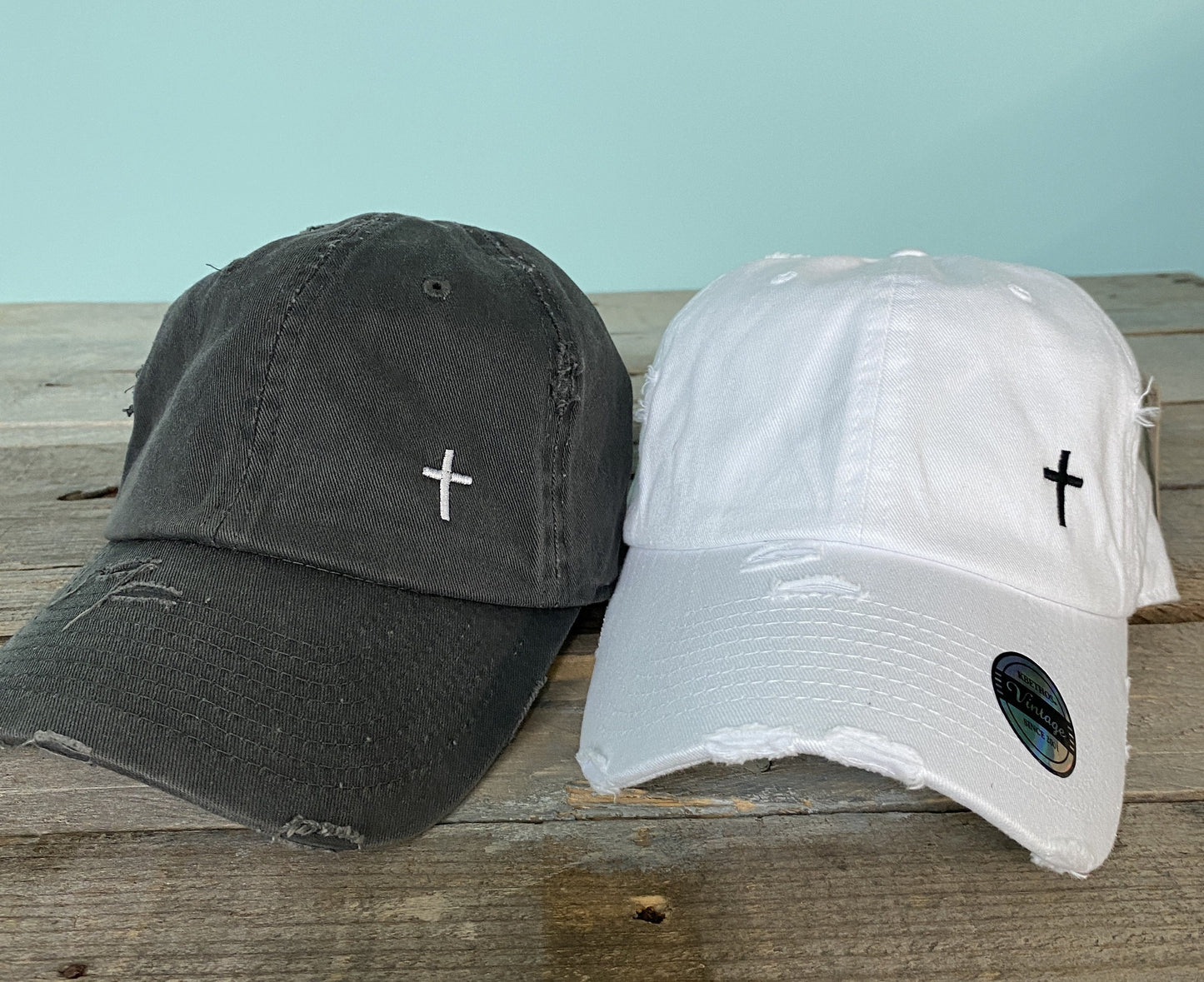 Dad hat w/embroidered Cross design~side placement~distressed hat~faith hat~christian hat