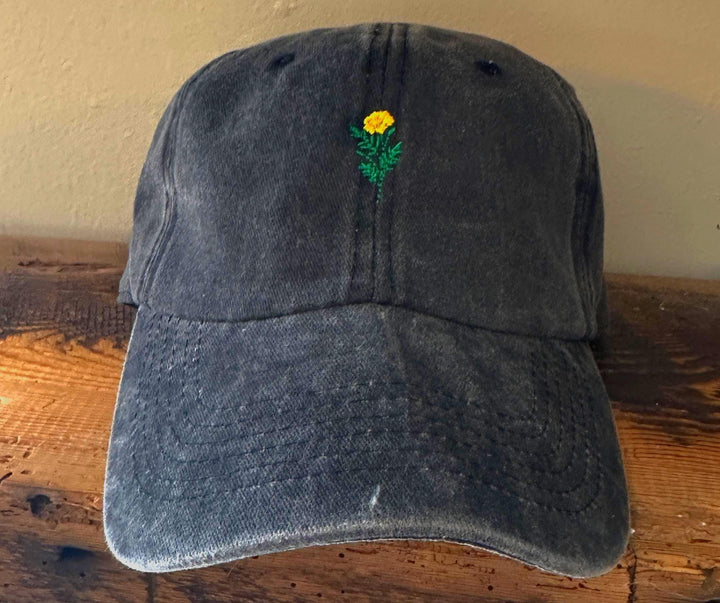 Marigold Flower Pigment Dyed Baseball Hat, Birth Month Flower Hat, Embroidered Hat, Marigold, Gardener Gift, Tiny Flower, Dainty Flower Hat