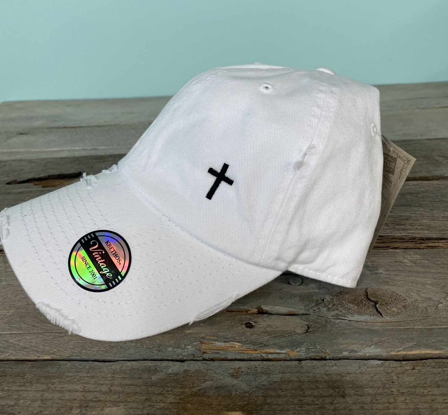 Dad hat w/embroidered Cross design~side placement~distressed hat~faith hat~christian hat