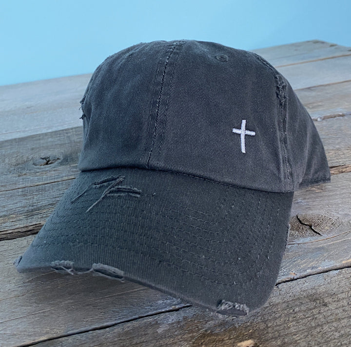 Dad hat w/embroidered Cross design~side placement~distressed hat~faith hat~christian hat