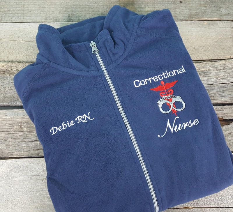 Correctional Nurse Jacket Handcuffs and Caduceus Navy Blue Ladies Lightweight Fleece Full Zip Customized