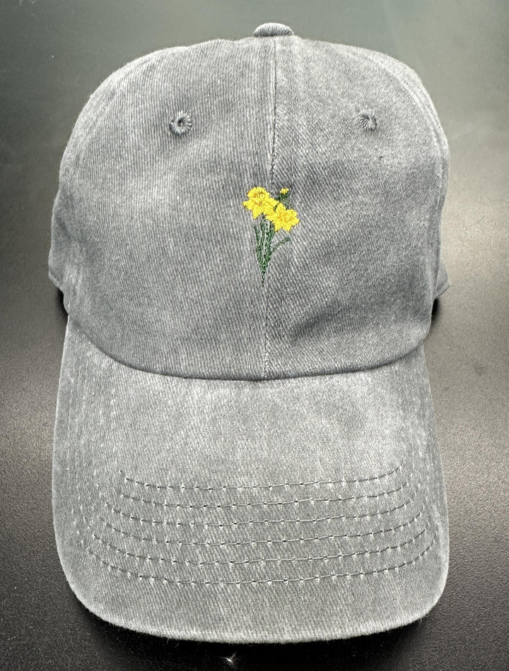 Tiny Daffodil Flower Hat, March Birth Month, Birth Month Flower Hat, Embroidered Hat, Lavendar, Marigold, Violet