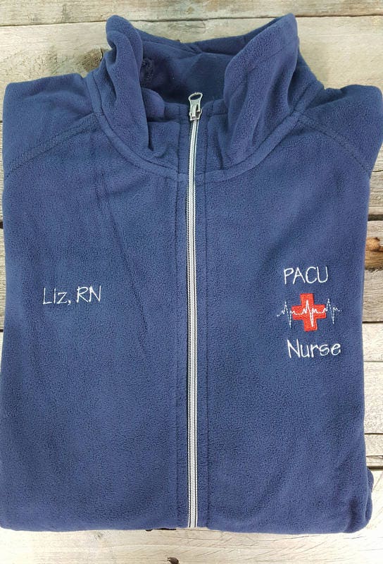 PACU Nurse Jacket Navy Blue Ladies Lightweight Fleece Full Zip Customized
