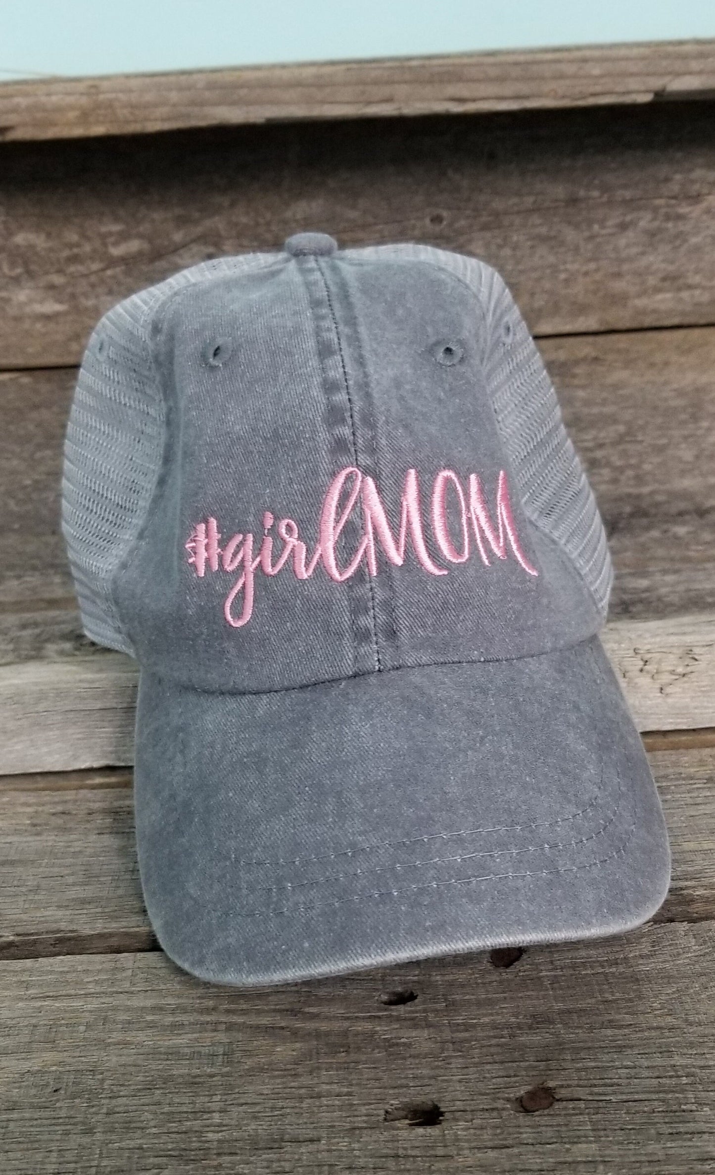 Girl Mom Trucker Hat, Pink and Gray, Mom of girls, embroidered