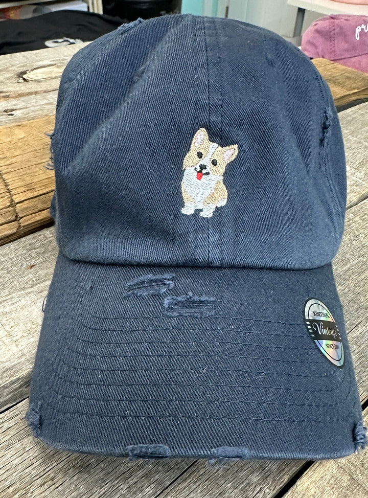Navy Distressed Corgi Baseball Hat~ Dad Hat-Dog Hat