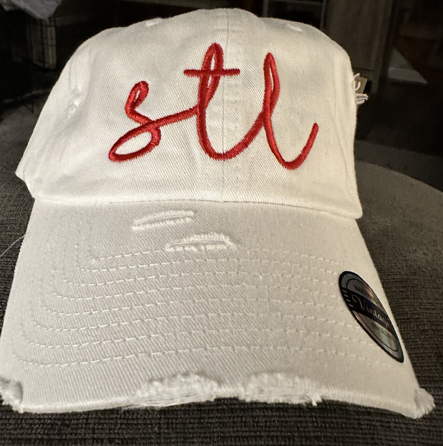 STL White Distressed embroidered hat~saint louis~the lou