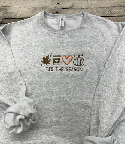 Tis Season Fall Embroidered Sweatshirt~Crewneck~Leaves, Coffee, Acorn, Halloween Sweatshirt~fall sweatshirts