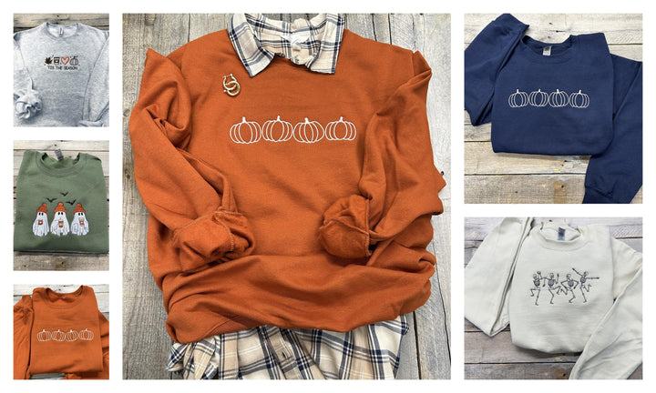 Fall/Halloween Embroidered Sweatshirt~Crewneck~Halloween Sweatshirt~Pumpkin~ Ghosts~Leaves~beanies~coffee
