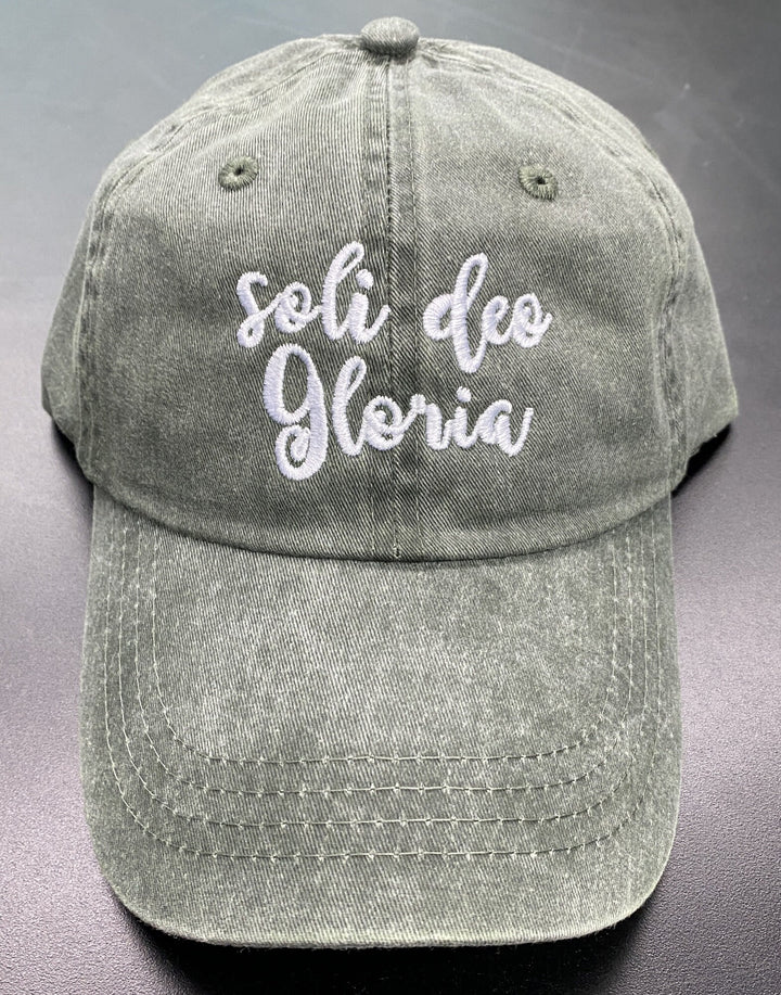 Soli Deo Gloria pigment dyed dad hat, baseball handwritten.Faith dad cap, maroon, forest, navy. Embroidered