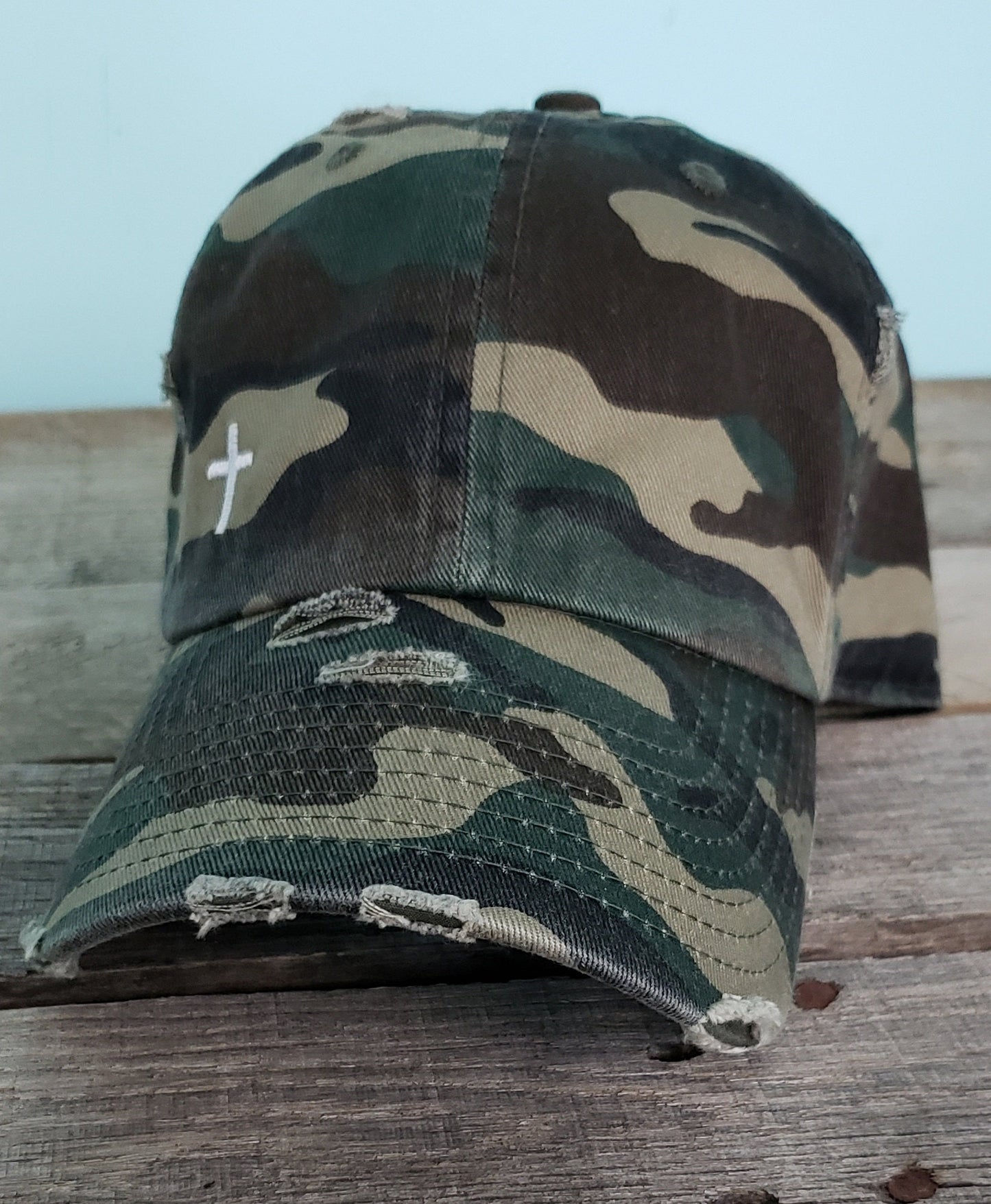 Cross Camo baseball hat, Christian, distressed, vintage dad hat