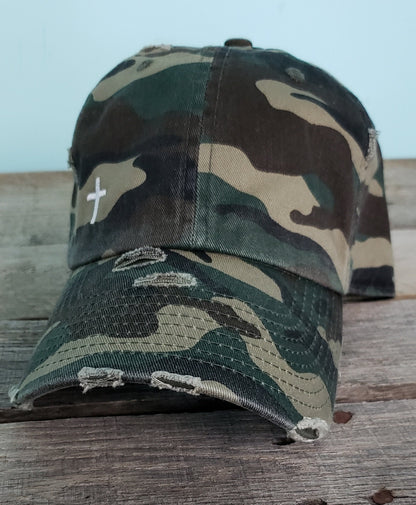Cross Camo baseball hat, Christian, distressed, vintage dad hat