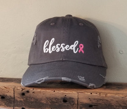 Blessed Breast Cancer Ribbon Distressed hat Nickel hat with pink ribbon