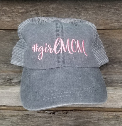 Girl Mom Trucker Hat, Pink and Gray, Mom of girls, embroidered