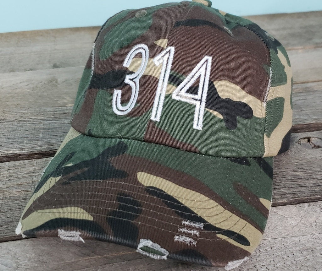 314 Area Code Distressed baseball hat St.Louis camo airport city abbreviation cap