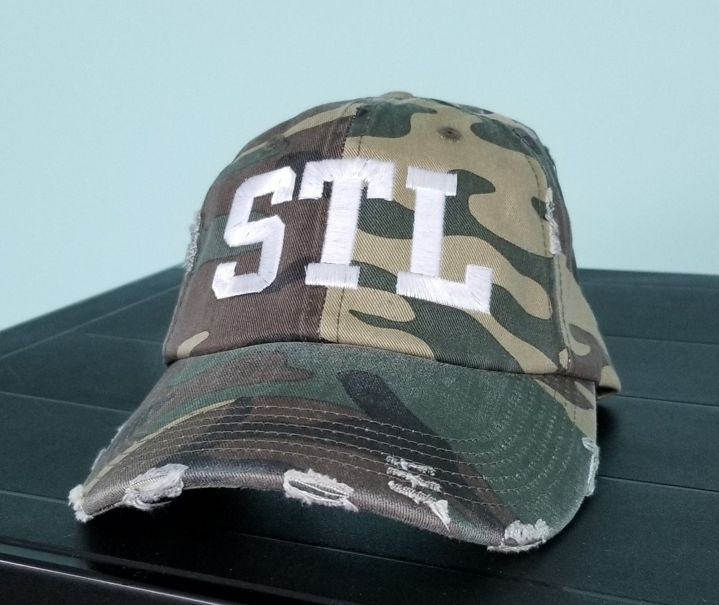 STL distressed camo hat-other colors availble-can change to any letters you'd like