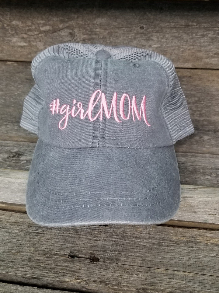 Girl Mom Trucker Hat, Pink and Gray, Mom of girls, embroidered