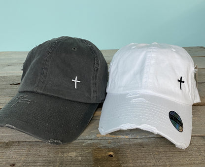 Dad hat w/embroidered Cross design~side placement~distressed hat~faith hat~christian hat