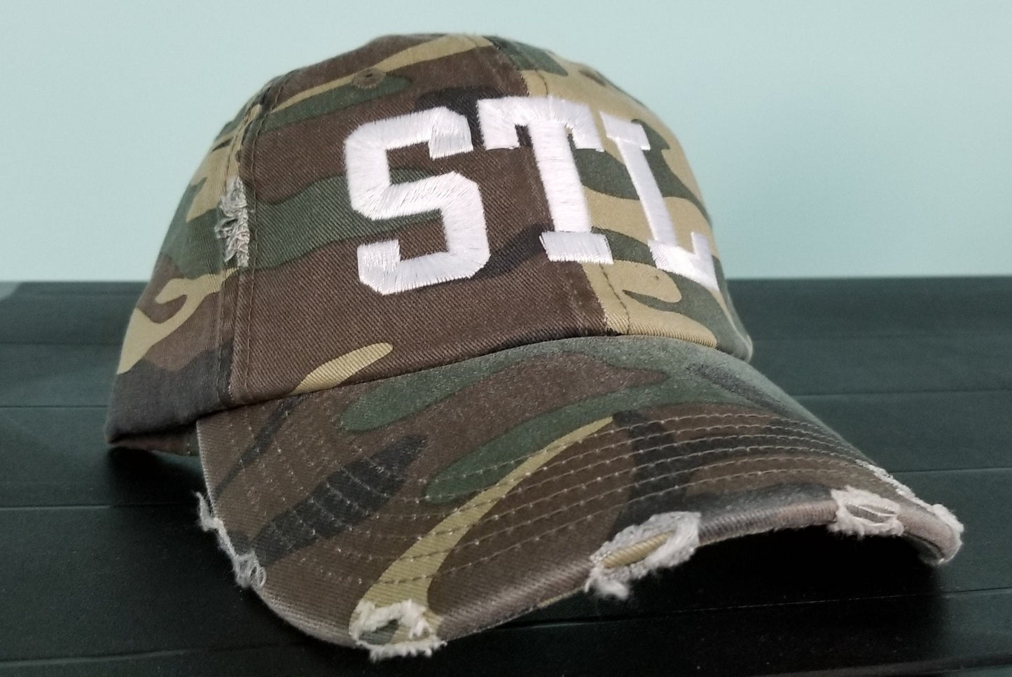 STL distressed camo hat-other colors availble-can change to any letters you'd like