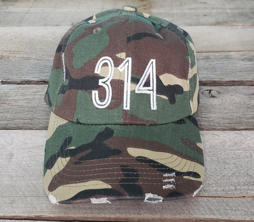 314 Area Code Distressed baseball hat St.Louis camo airport city abbreviation cap