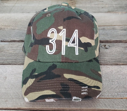 314 Area Code Distressed baseball hat St.Louis camo airport city abbreviation cap