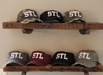 STL distressed hats-lots of colors availble-can change to any letters you'd like-black, olive, nickel, camo,red,burgundy