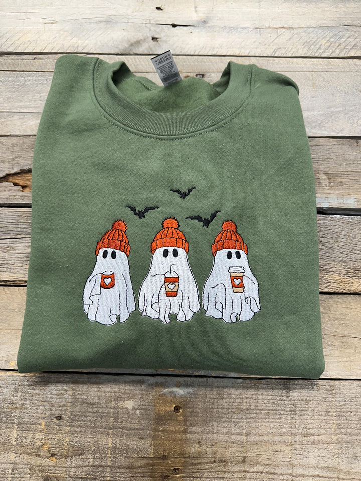 Ghosts Fall Embroidered Sweatshirt~Crewneck~Halloween Sweatshirt~coffee lovers