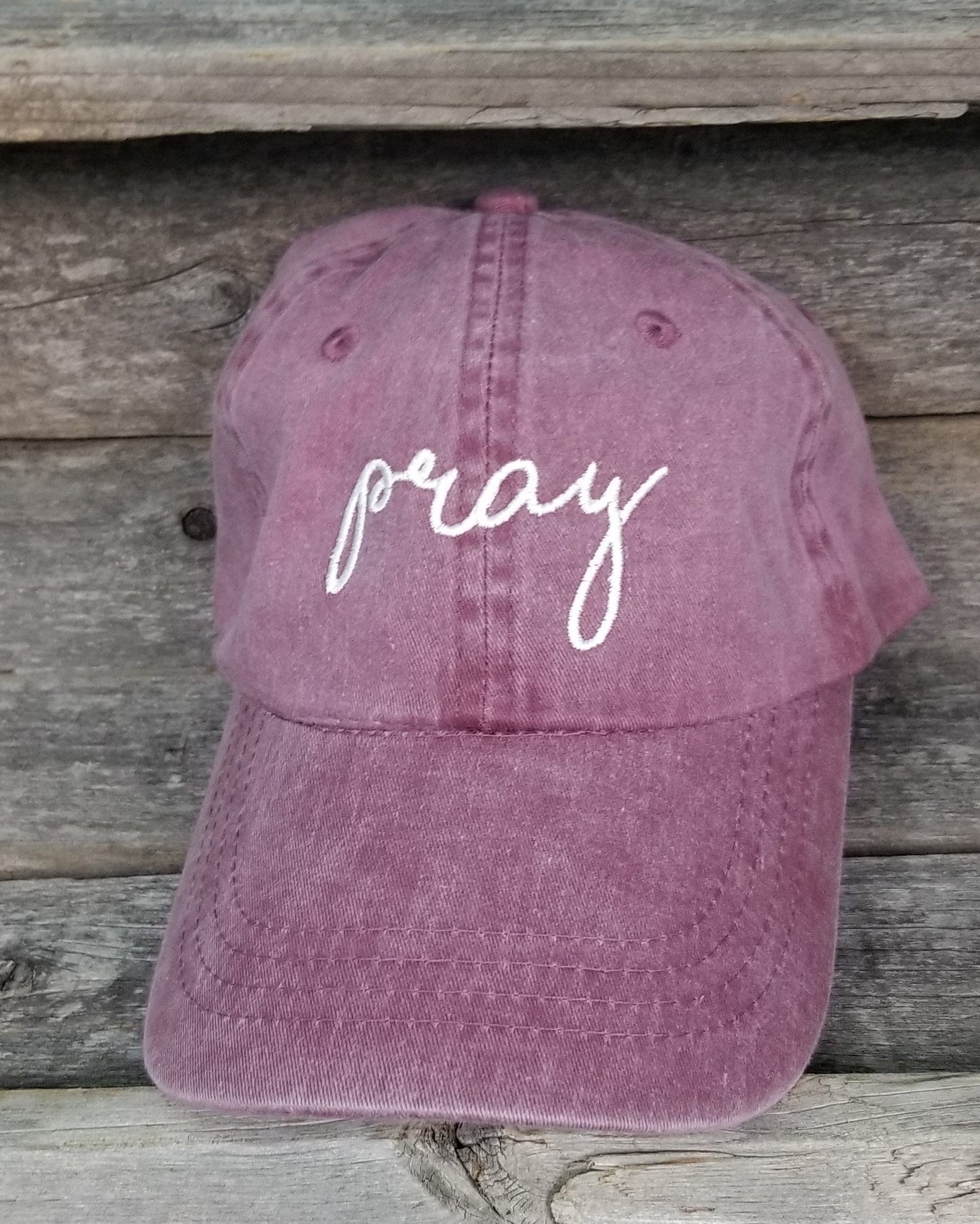 Pray pigment dyed dad hat, baseball hat, handwritten. Faith dad cap, maroon hat with ivory thread. Christian embroidered unstructured hat