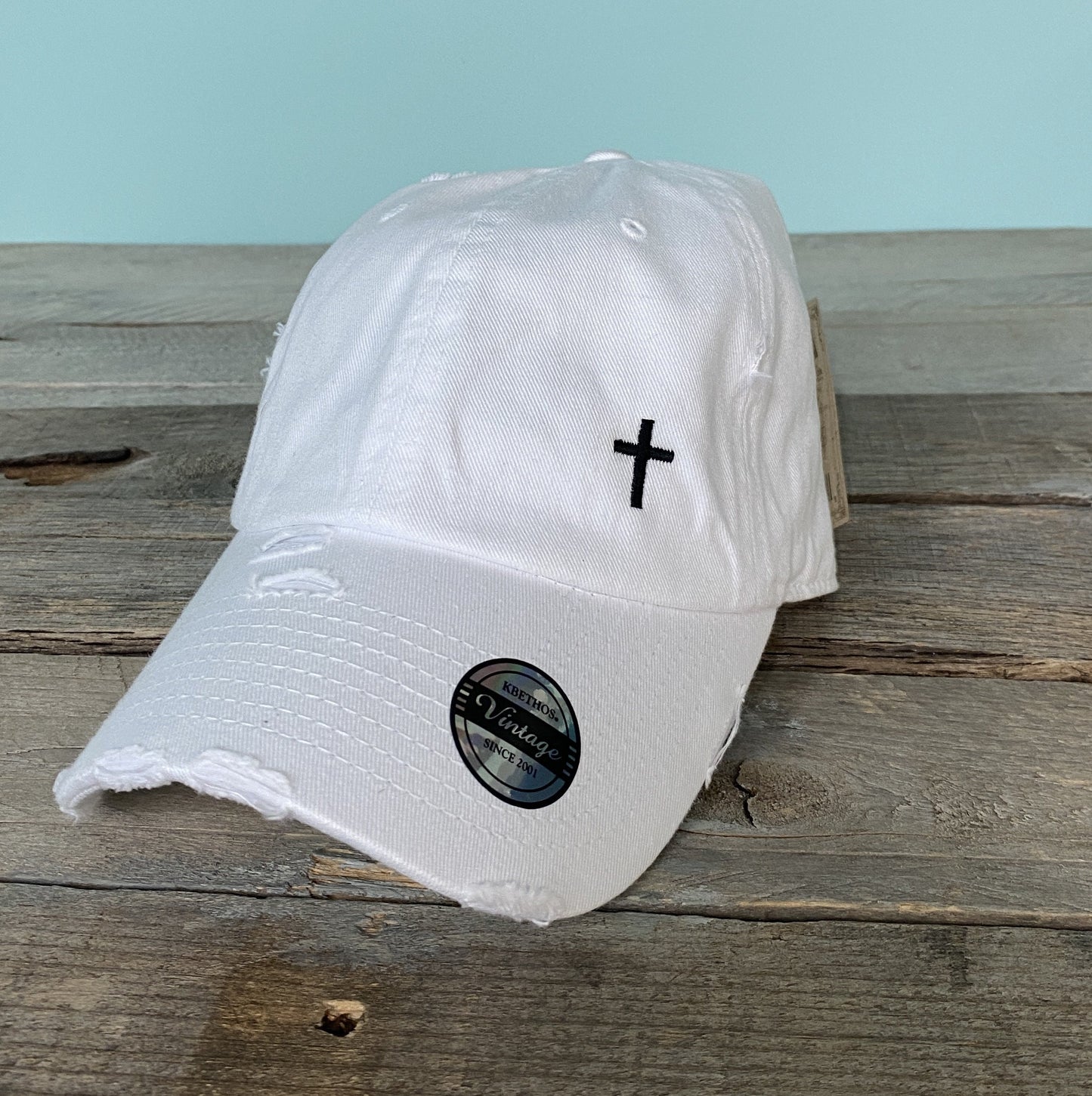 Dad hat w/embroidered Cross design~side placement~distressed hat~faith hat~christian hat