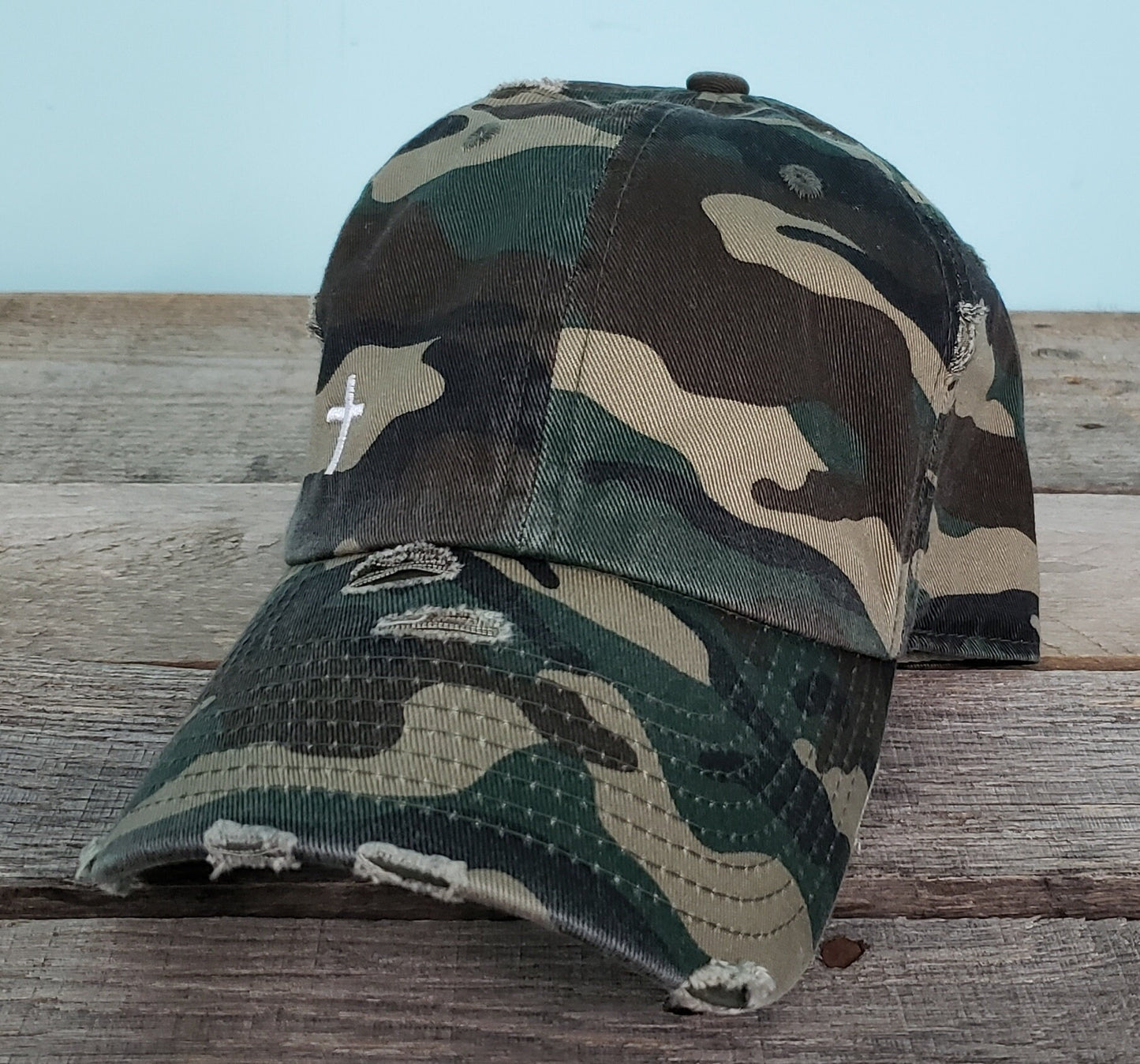 Cross Camo baseball hat, Christian, distressed, vintage dad hat