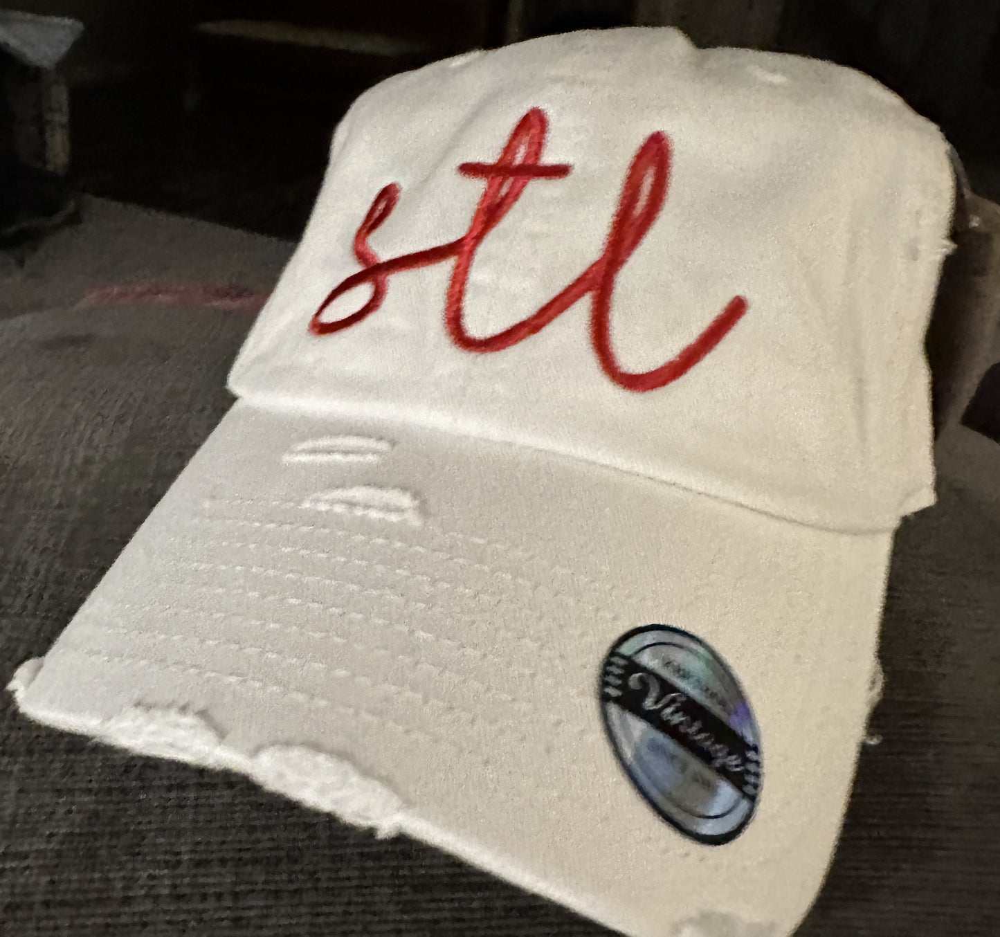 STL White Distressed embroidered hat~saint louis~the lou