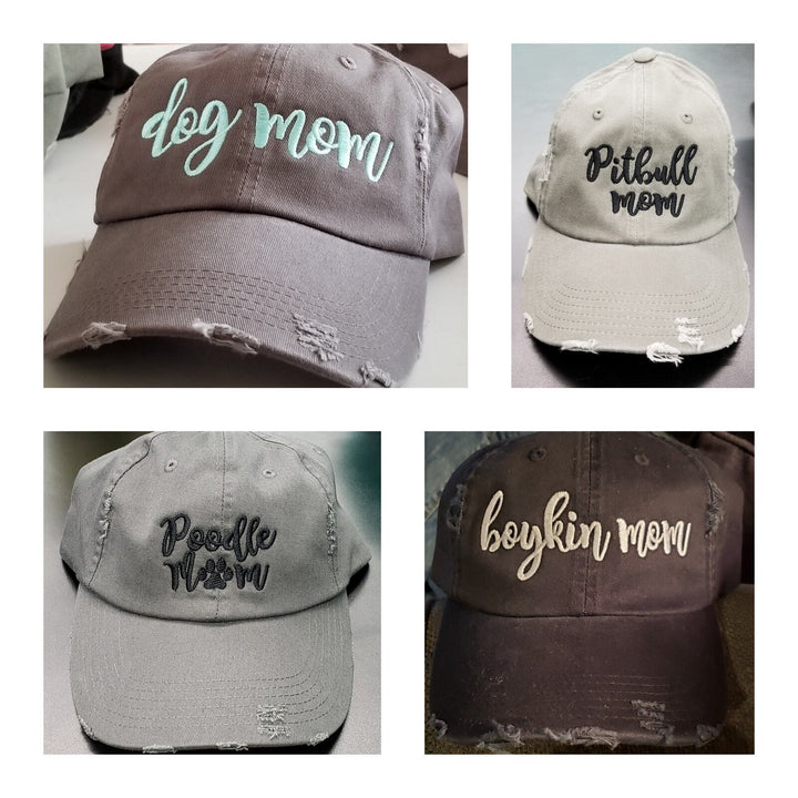 Dog Mom Distressed Baseball Hat Custom Poodle Boykin Pitbull Adjustable Metal Back Multiple Colors