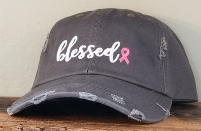 Blessed Breast Cancer Ribbon Distressed hat Nickel hat with pink ribbon
