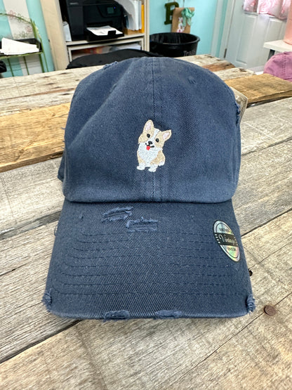 Navy Distressed Corgi Baseball Hat~ Dad Hat-Dog Hat
