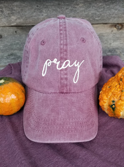Pigment dyed dad hat with tiny embroidered cross, baseball hat, handwritten. Faith, Christian embroidered unstructured hat