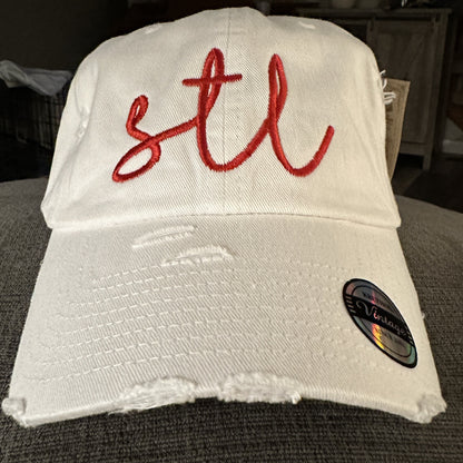 STL White Distressed embroidered hat~saint louis~the lou