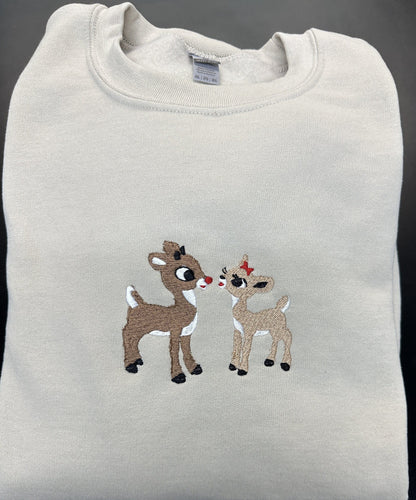Rudolph Christmas Embroidered Sweatshirt~reindeer~Crewneck Sweatshirt~Vintage Christmas~Rudolph and Clarice~Red Nosed Reindeer