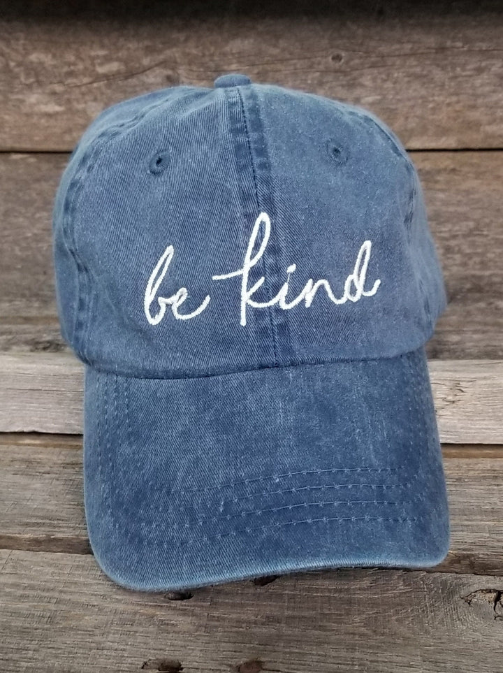 be kind- pigment dyed dad hat, baseball hat, handwritten. Faith dad cap, hat with ivory thread. Christian embroidered unstructured hat