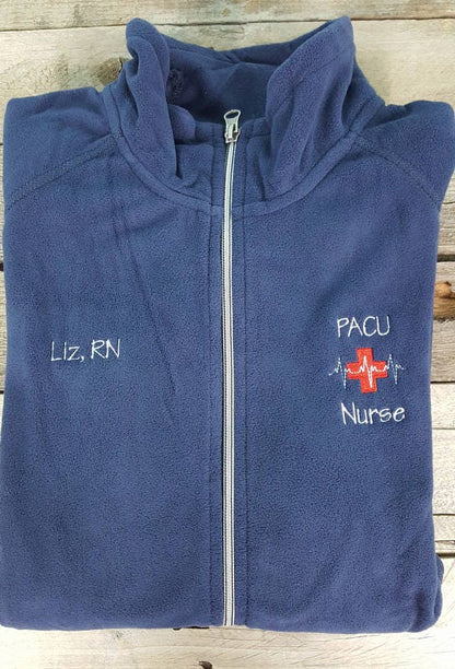 PACU Nurse Jacket Navy Blue Ladies Lightweight Fleece Full Zip Customized