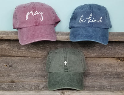Pigment dyed dad hat with tiny embroidered cross, baseball hat, handwritten. Faith, Christian embroidered unstructured hat