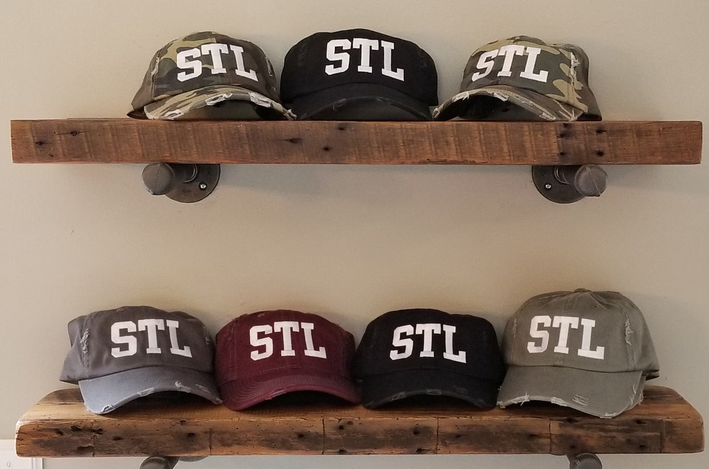 STL distressed hats-lots of colors availble-can change to any letters you'd like-black, olive, nickel, camo,red,burgundy