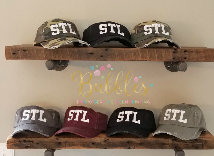 STL distressed hats-lots of colors availble-can change to any letters you'd like-black, olive, nickel, camo,red,burgundy