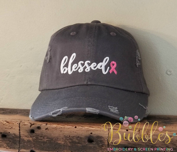 Blessed Breast Cancer Ribbon Distressed hat Nickel hat with pink ribbon