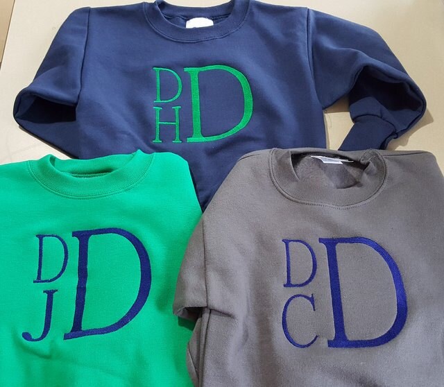 Kids Stacked Monogrammed Crewneck Sweatshirt Children Youth; Large Monogram Block