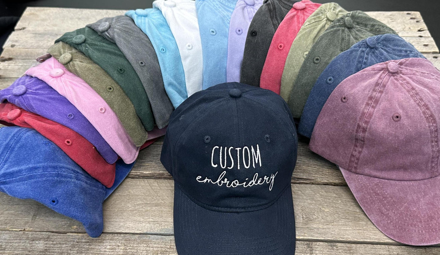 Pigment Dyed Hat with custom text, Custom Embroidered hat, dad hat, unisex, Bachelorette, group hats, bridesmaid gift, garment washed hat