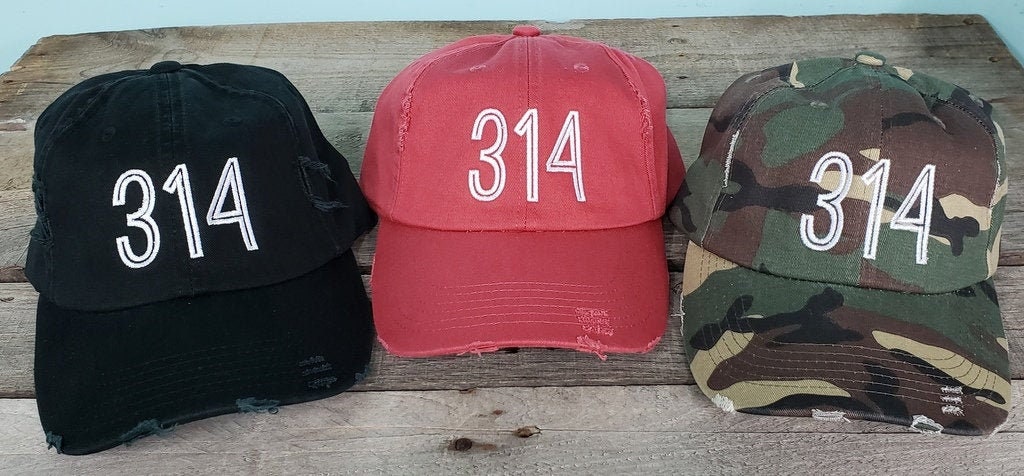 314 Area Code Distressed baseball hat St.Louis camo airport city abbreviation cap