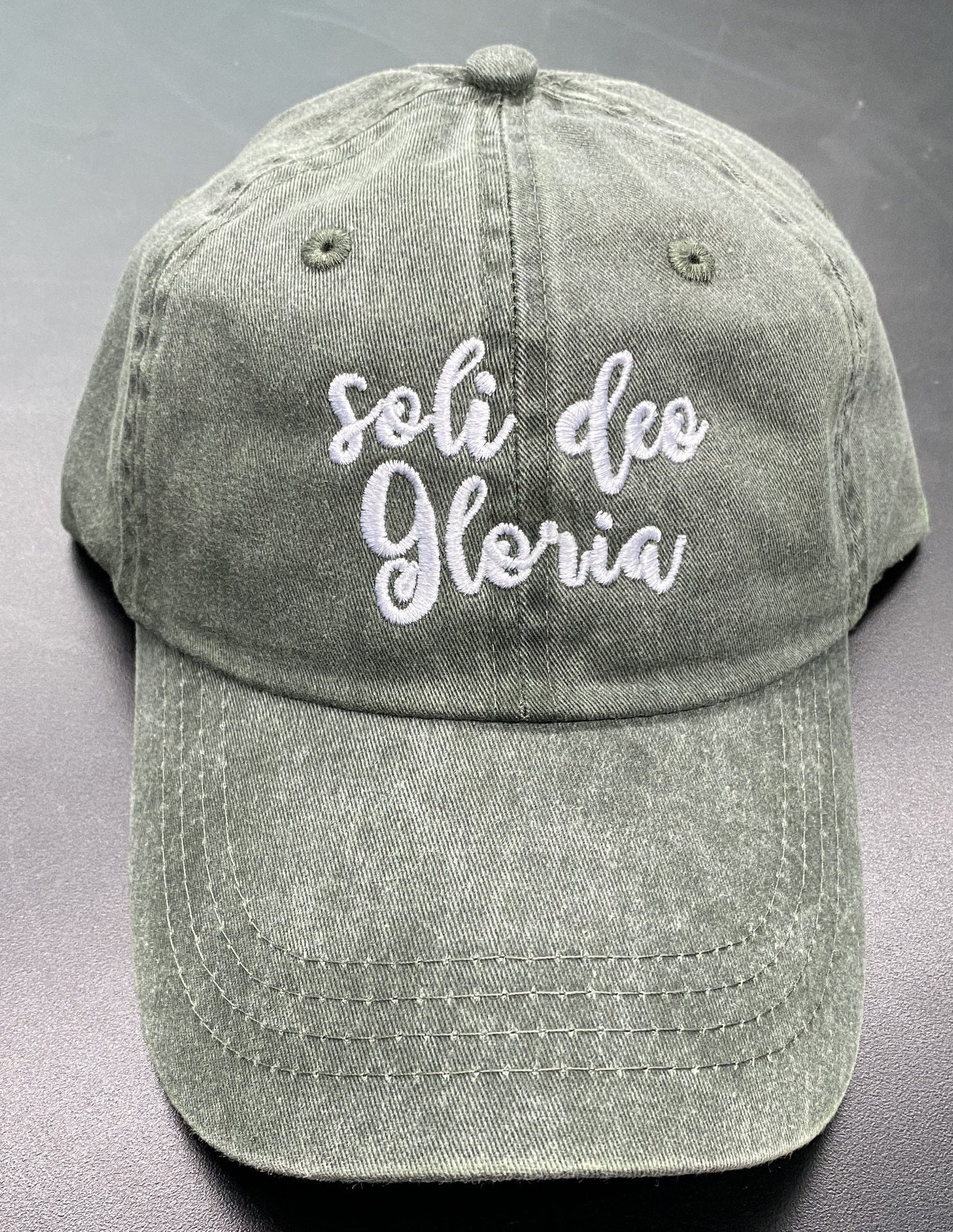 Soli Deo Gloria pigment dyed dad hat, baseball handwritten.Faith dad cap, maroon, forest, navy. Embroidered