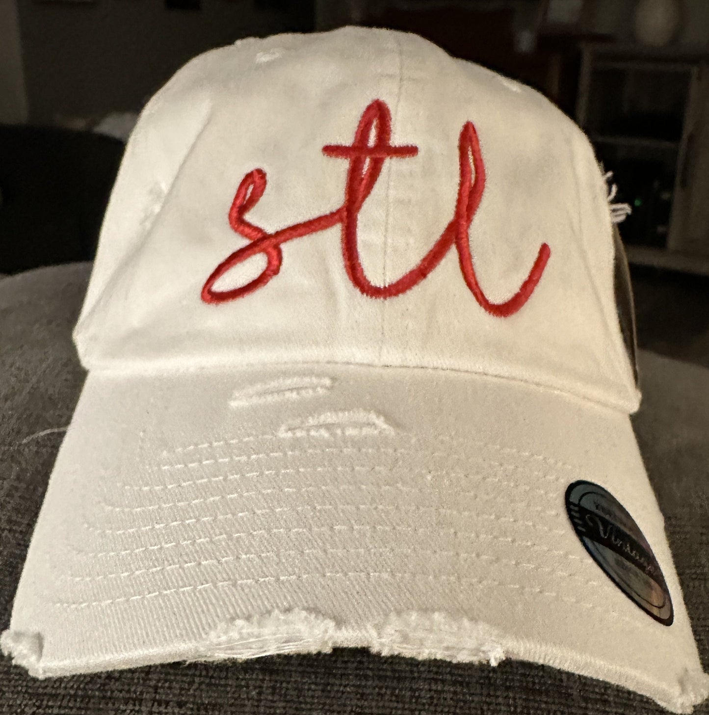 STL White Distressed embroidered hat~saint louis~the lou